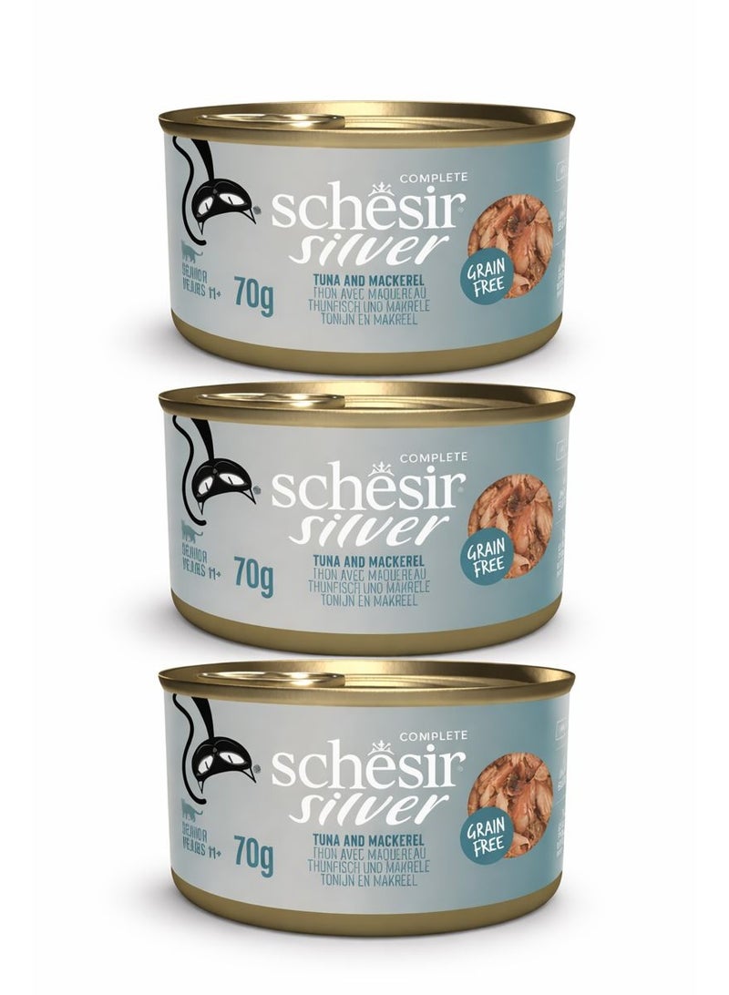 Schesir Silver Complete Adult Cat Food – Tuna & Mackerel – Grain Free Wet Food – Complete & Balanced Nutrition – 3 × 70 g - Image 1